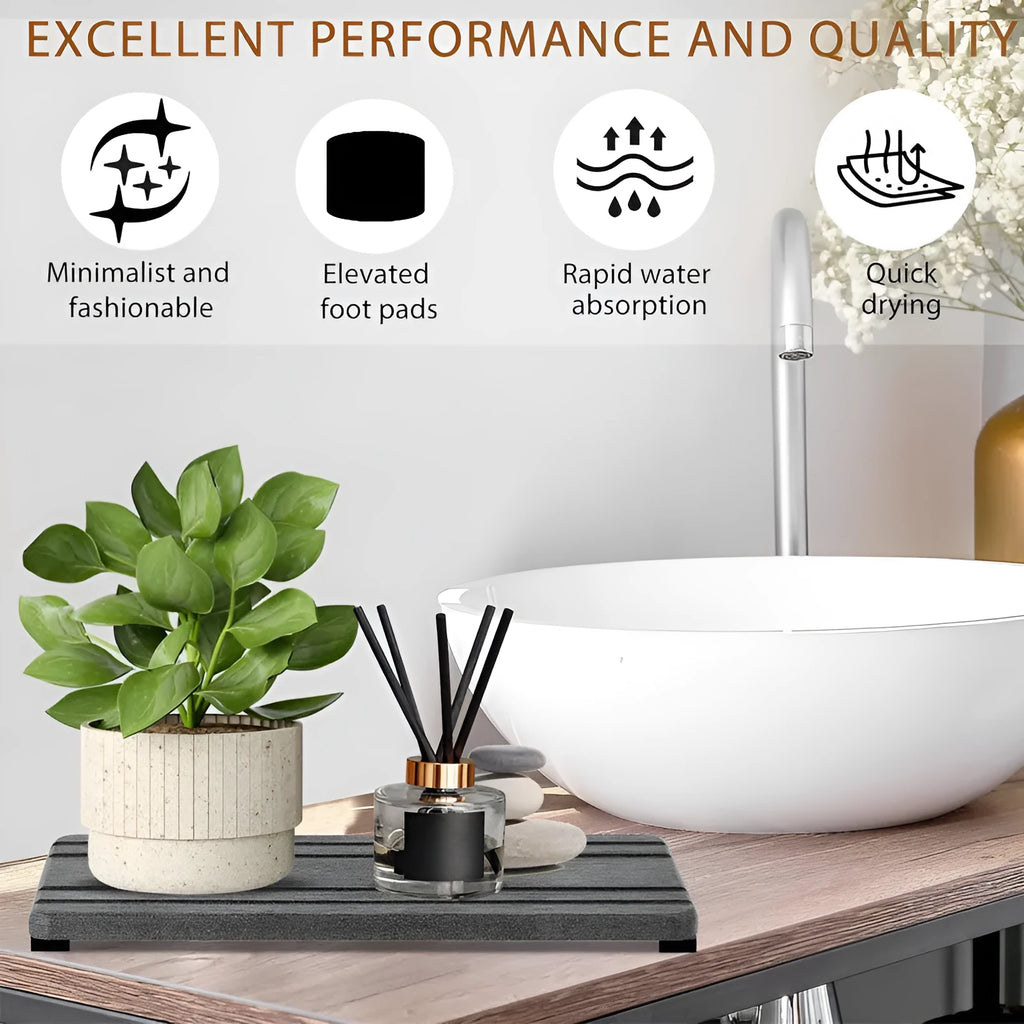 Set of three solid colour diatomite square drying mats for bathroom countertops.
