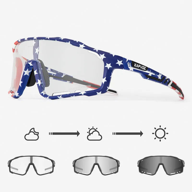 Photochromic cycling sunglasses with semi-rimless TR90 frame on a solid colour background