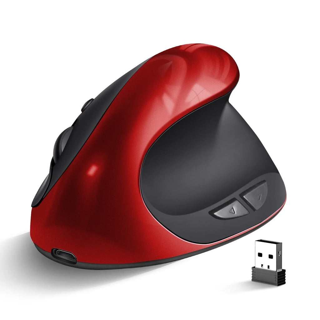 Vertical ergonomic computer mouse in red with wireless charging port on front.