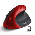 Vertical ergonomic computer mouse in red with wireless charging port on front.