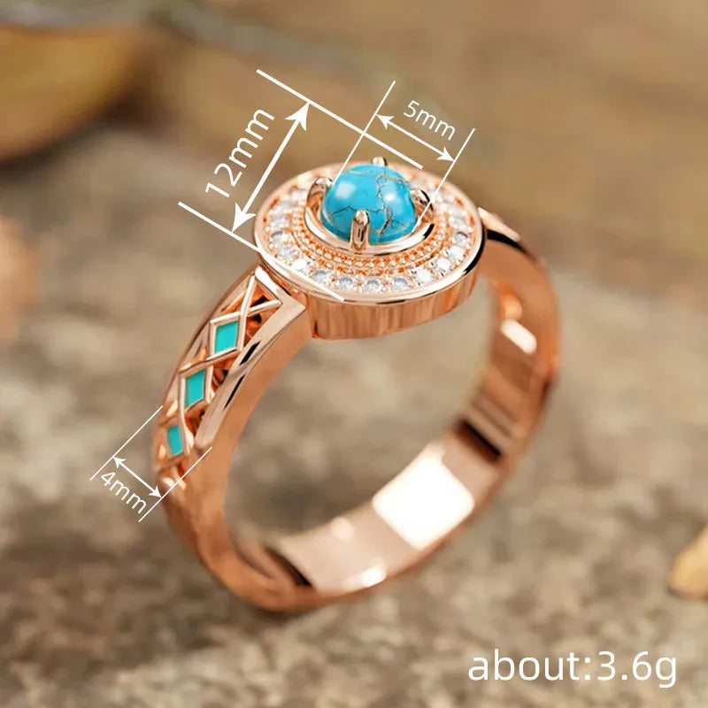 Women's turquoise ethnic style geometric copper ring with oil micro inlaid zircon in rose gold.