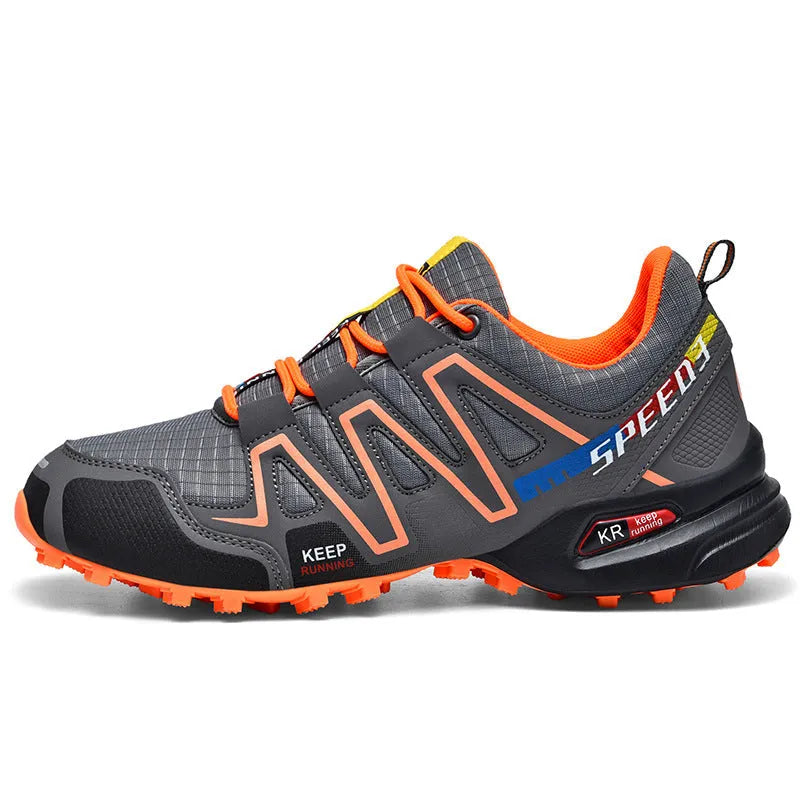 Men's gray orange plus size casual shoes with low-top design and rubber sole.