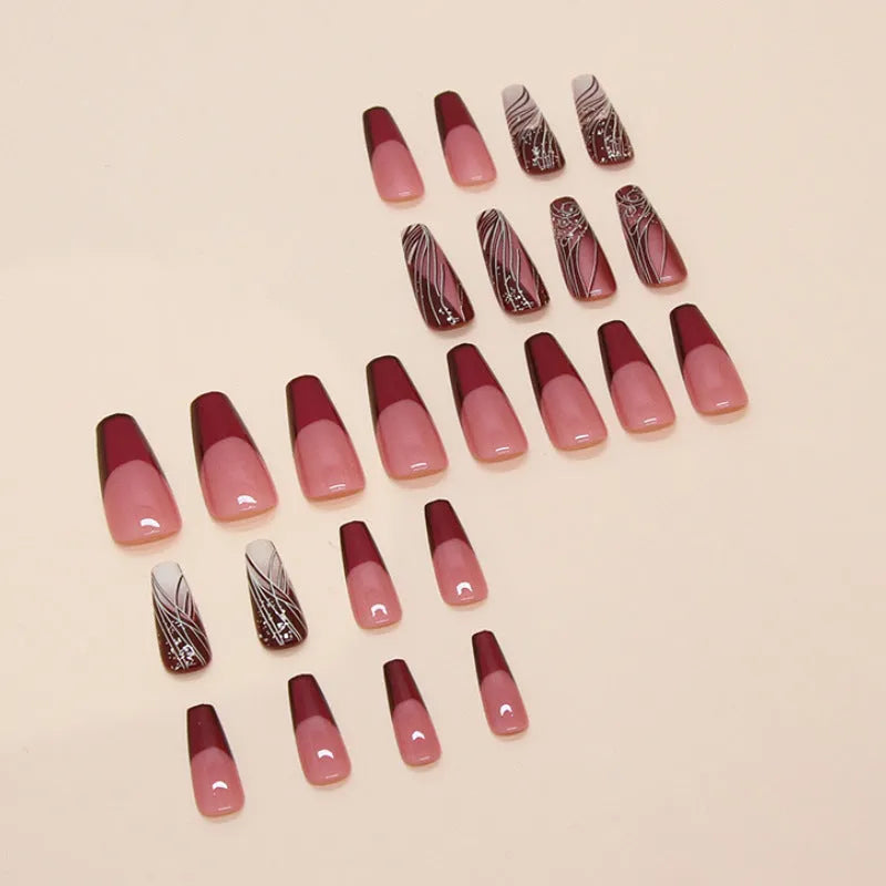 24 false nails with French line pattern and adhesive glue tube