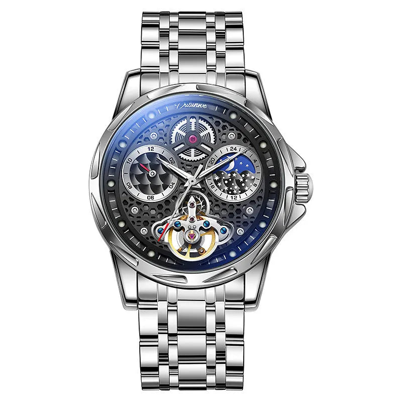Men's automatic watch with black dial and steel bracelet showing luminous hands.