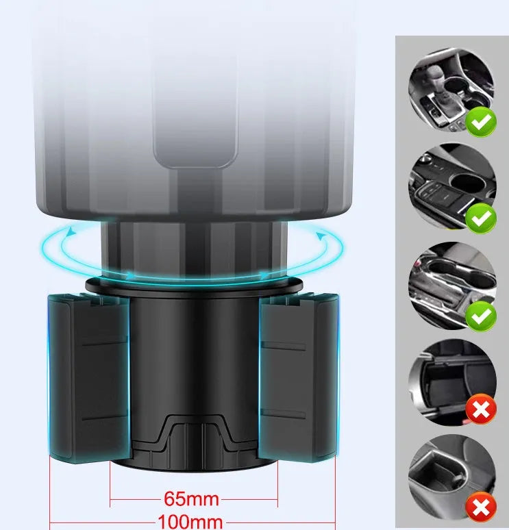 Matte black adjustable car cup holder expander for large bottles and cups on a car centre console.