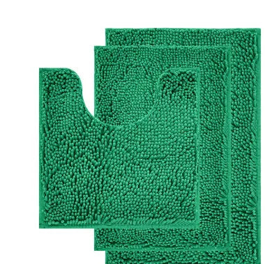 Chenille three-piece bathroom toilet mat set with U-shaped grey mat and rectangular mats on tiled floor.
