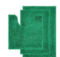 Chenille three-piece bathroom toilet mat set with U-shaped grey mat and rectangular mats on tiled floor.