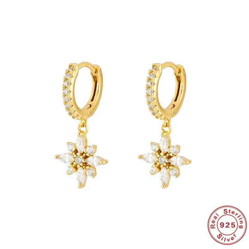 Sterling silver snowflake pendant earrings with geometric design in yellow gold or white gold colour