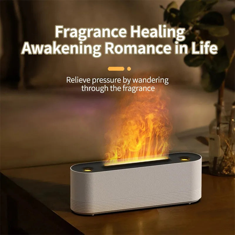 Black or white Flame Air ultrasonic humidifier and essential oil diffuser with LED flame lights on.