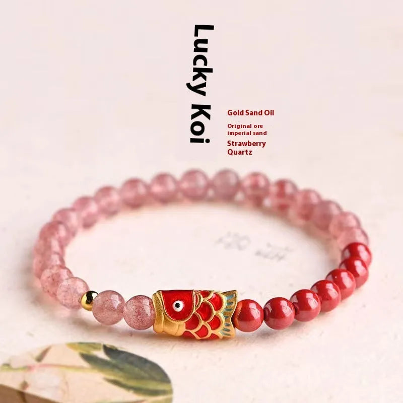 Purple cinnabar bracelet with strawberry quartz beads and peach blossom charm