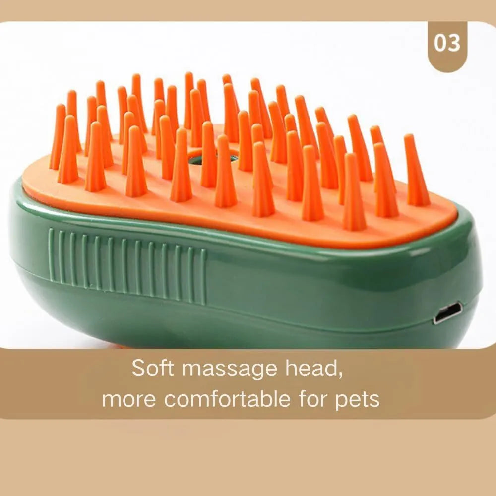 Green and white rechargeable cat steam brush with silicone teeth, shown with water spray function.