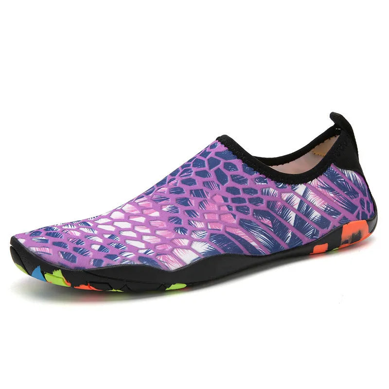 Lycra fabric beach wading shoes for swimming in blue, black, pink, purple, and camouflage colours
