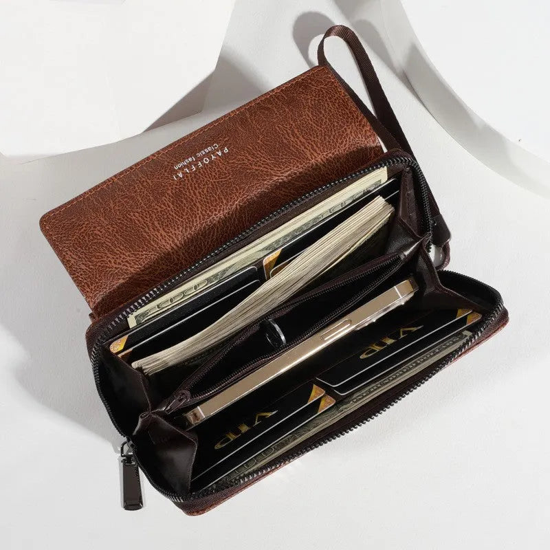 Men's black PU leather long wallet with multiple card slots, shown next to a brown version.