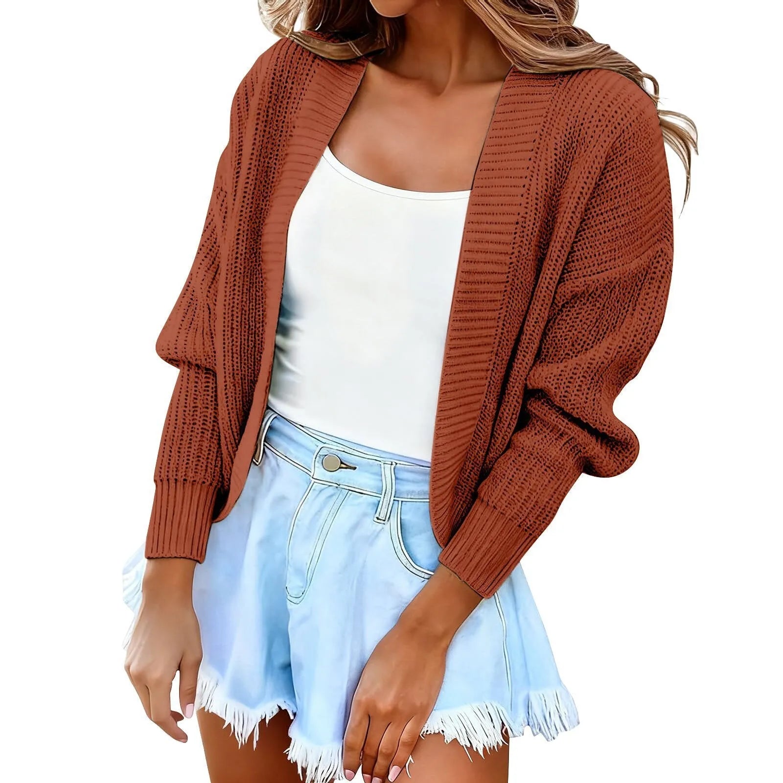 Women's short cape knitted cardigan sweater in camel solid colour with long sleeves and polyester fabric