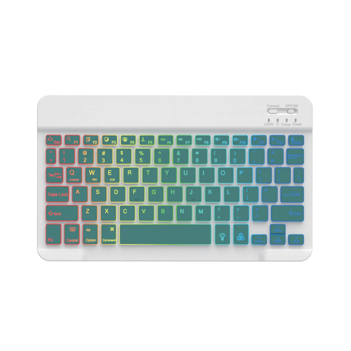 10-inch wireless Bluetooth keyboard with colourful backlit keys shown in a selection of case colours.