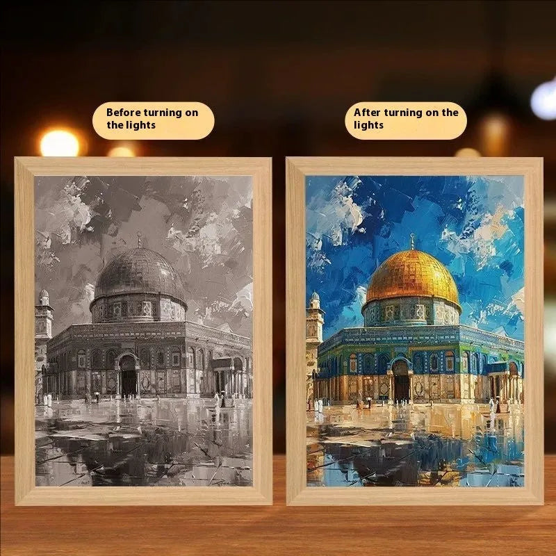 Handmade engineered wood LED frame displaying religious cross light drawing with USB cable