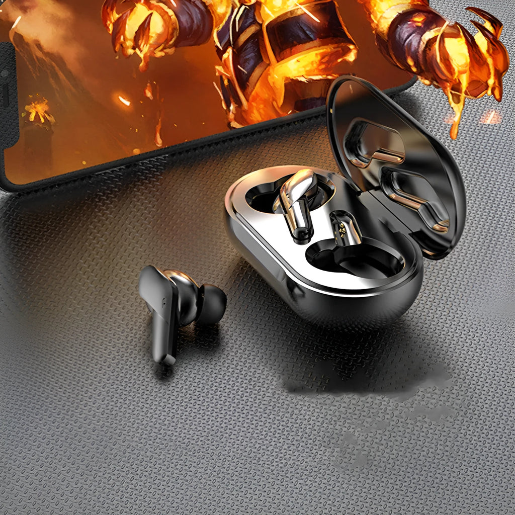 Binaural Bluetooth V5.0 in-ear headphones in black with charging compartment and food-grade silicone ear caps