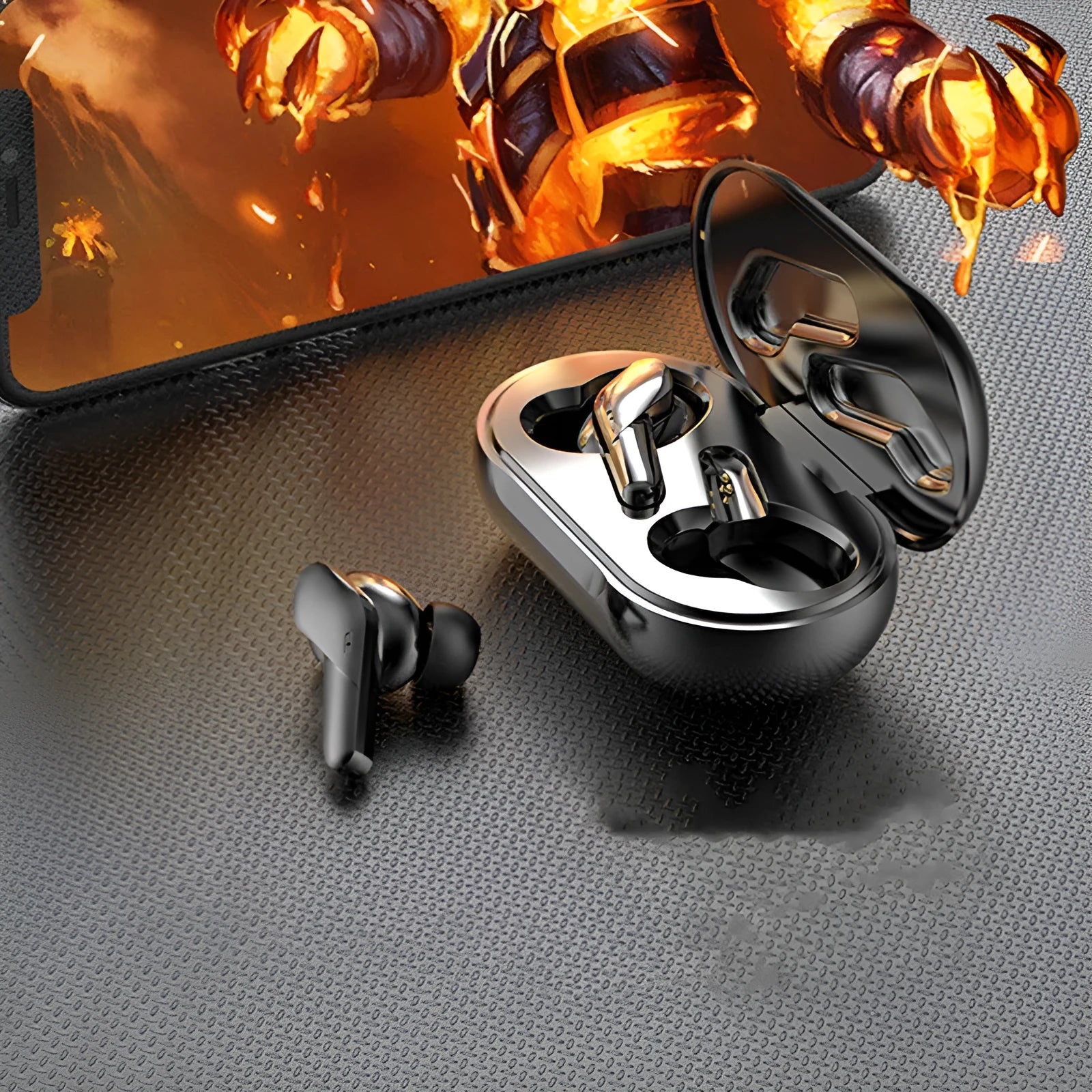 Binaural Bluetooth V5.0 in-ear headphones in black with charging compartment and food-grade silicone ear caps