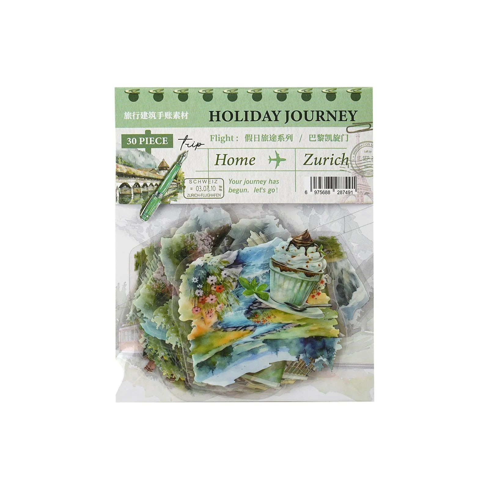 Holiday Journey Series architecture journal stickers with seven landmark designs in retro style
