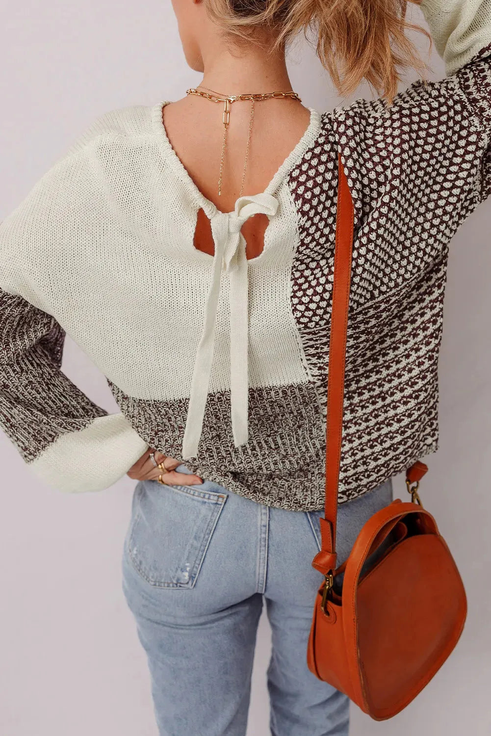 Dark khaki colour block women's sweater with drop shoulders and back tie detail