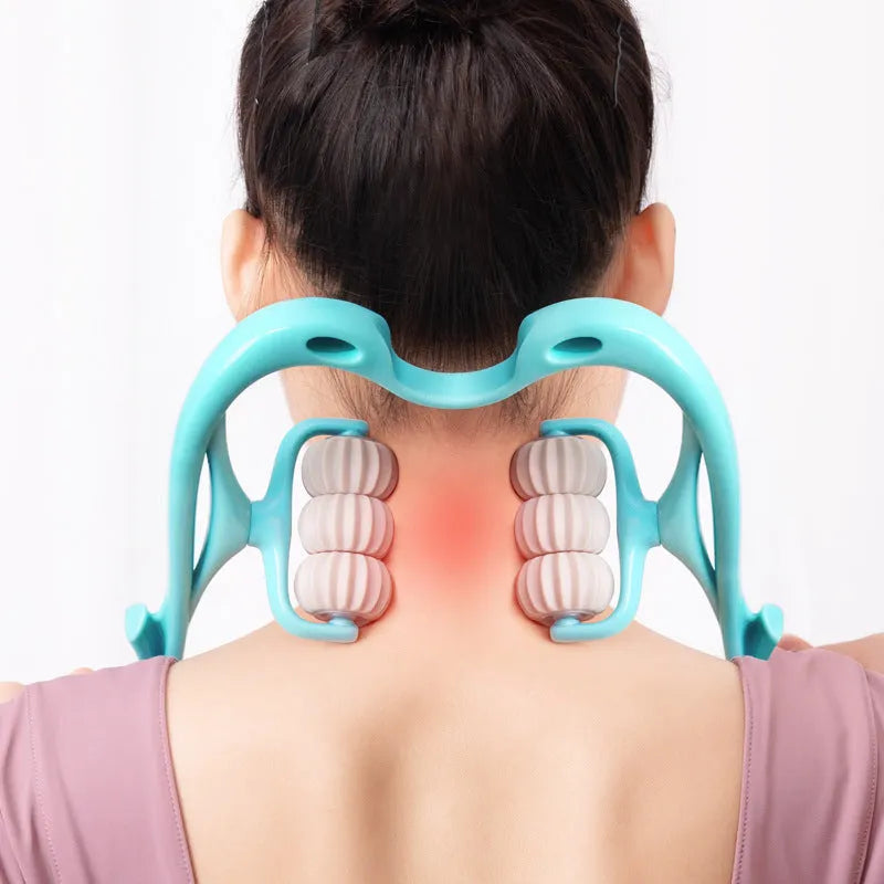 Blue plastic handheld massager with six wheels for neck, shoulder, and waist tension relief.