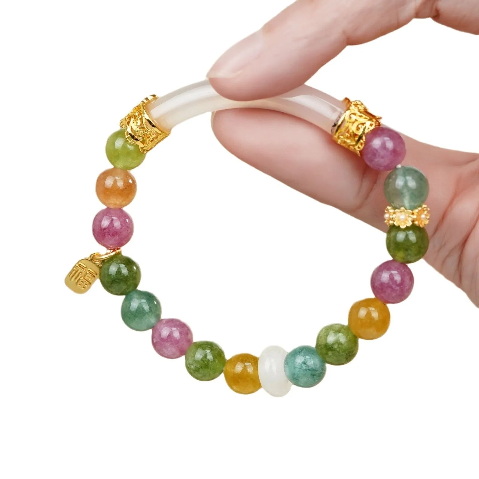 Rainbow tourmaline half-bracelet for women with natural jade colours and electroplated metal setting.