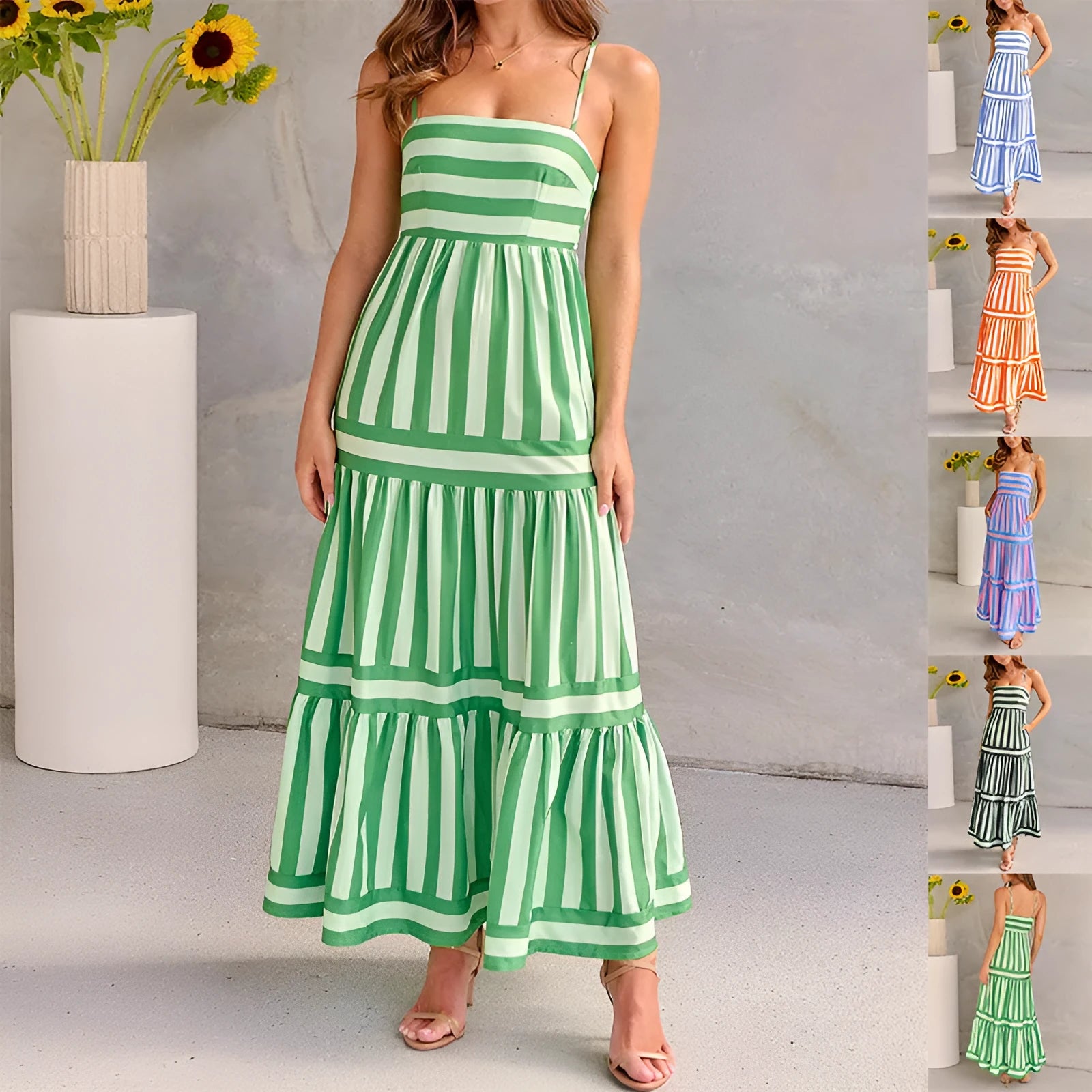 Women's striped backless summer dress with shoulder suspenders and square neckline showing integrated pockets