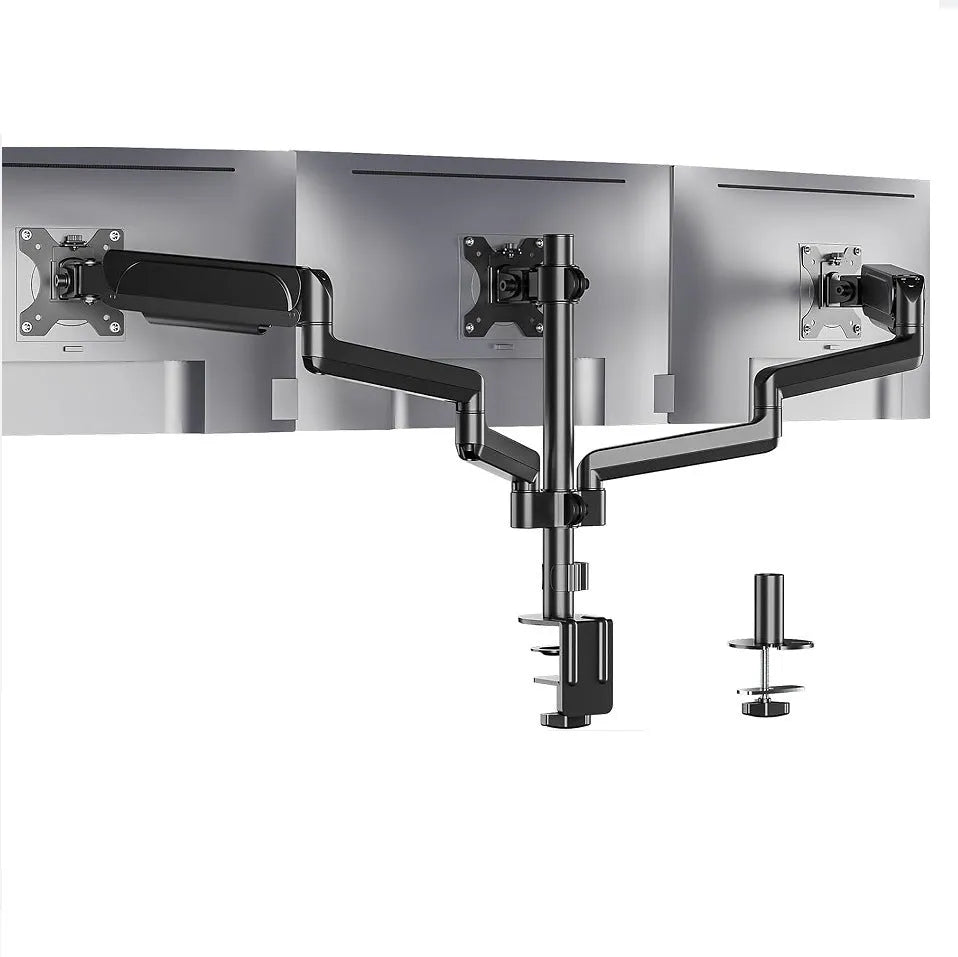 Black three-arm gas spring computer monitor arm for screens up to 27 inches