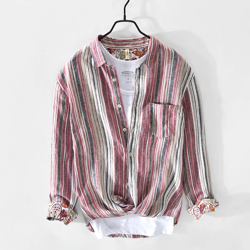 Men's grey linen striped shirt with long sleeves and loose casual fit