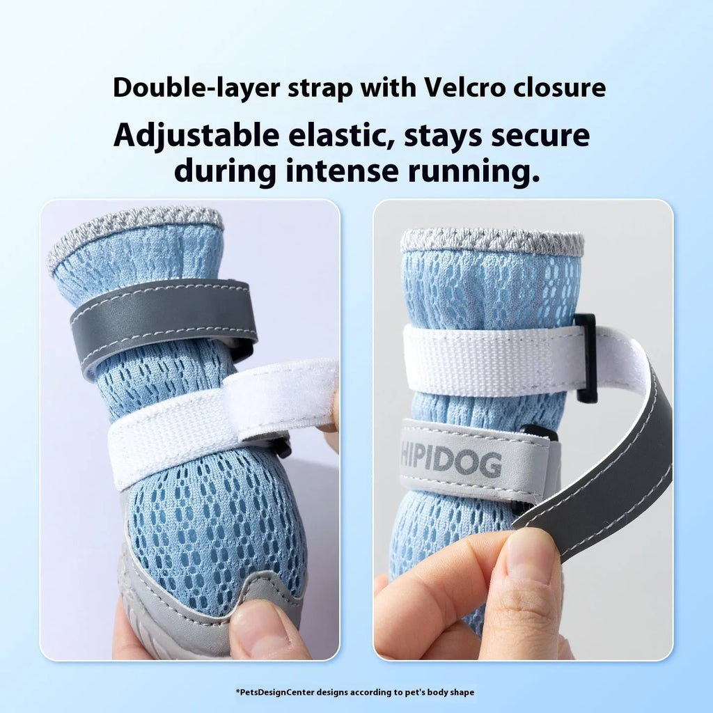 Pair of blue cartoon-style dog shoes made from PU material for summer paw protection.