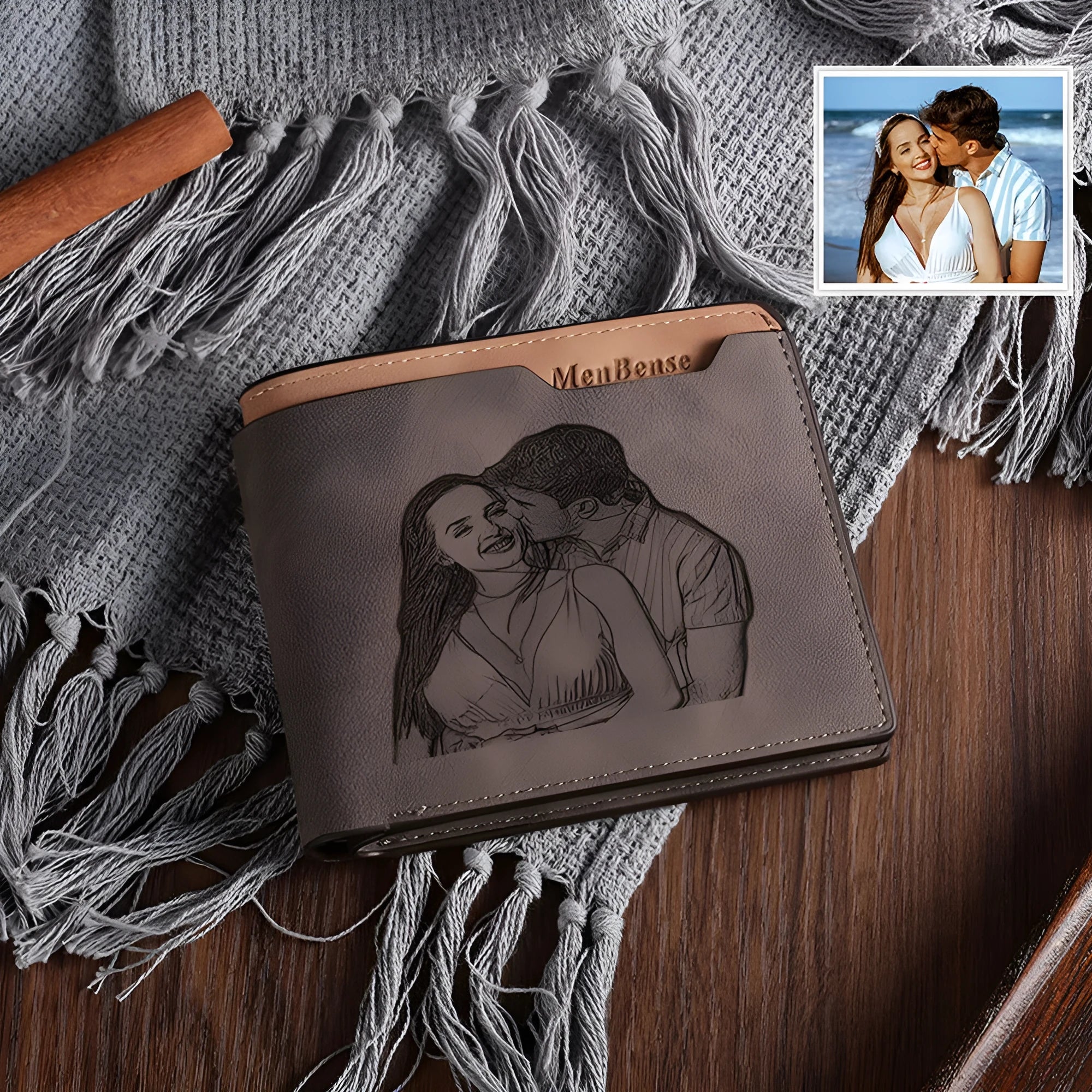 Coffee coloured horizontal short wallet with photo engraving personalisation