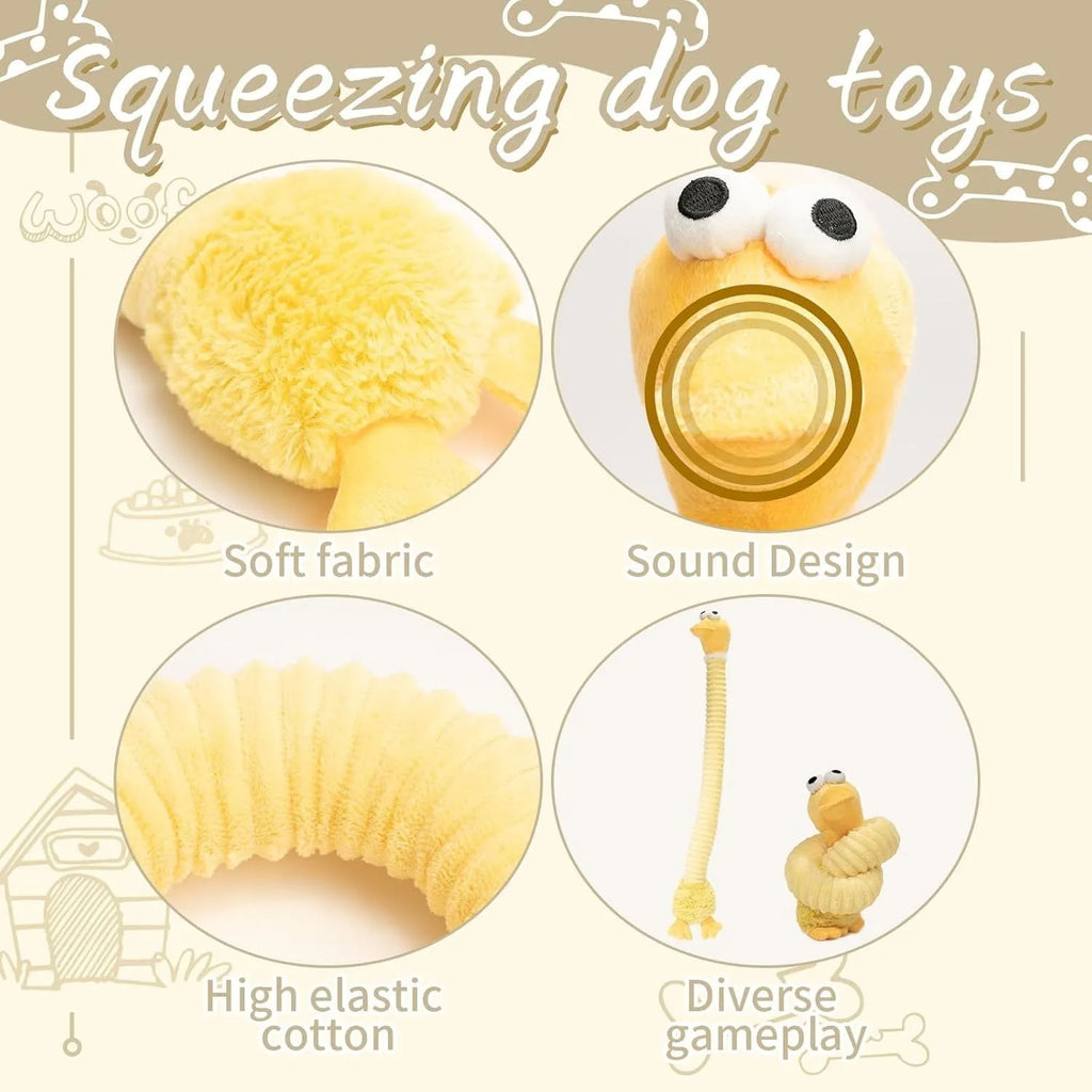 Plush dog toy with crinkle and squeaker sounds in brown, grey and yellow colours