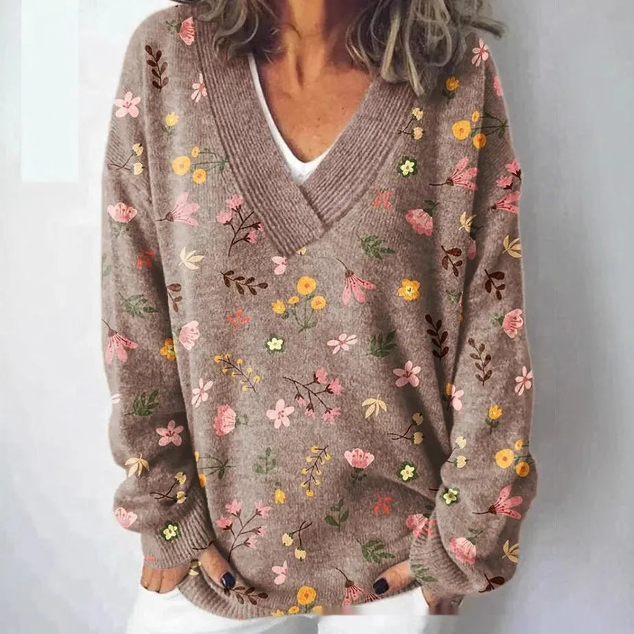 Women's V-neck long sleeve sweatshirt with a full-coverage 3D floral printed pattern in an art retro style.