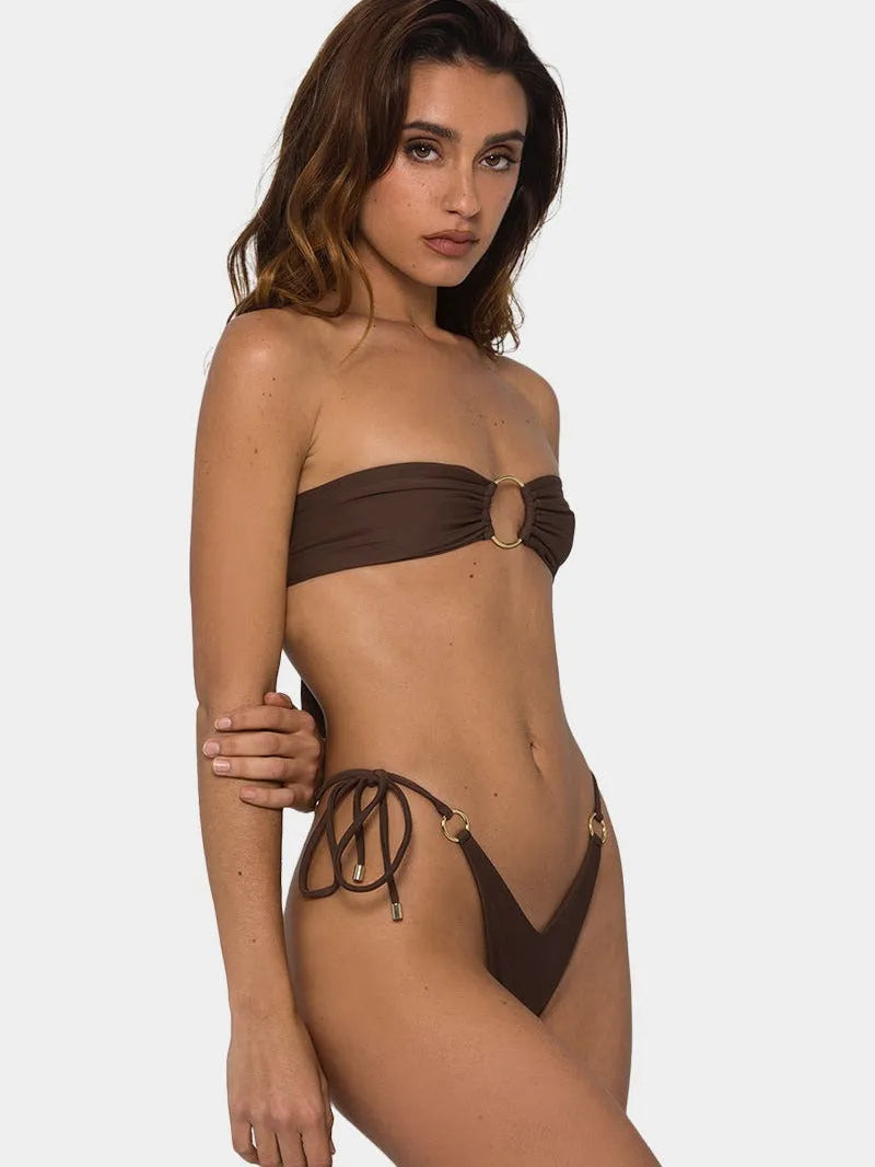Brown tube-top push up bikini swimsuit with a ring tether detail on an adult female model.