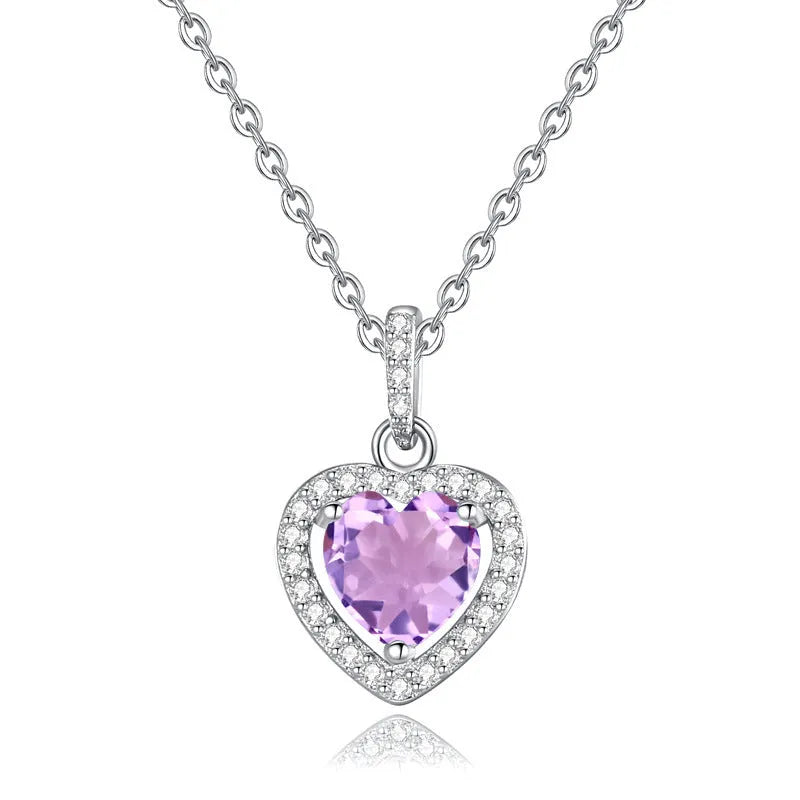 Sterling silver heart pendant necklace with natural gemstone on cross chain