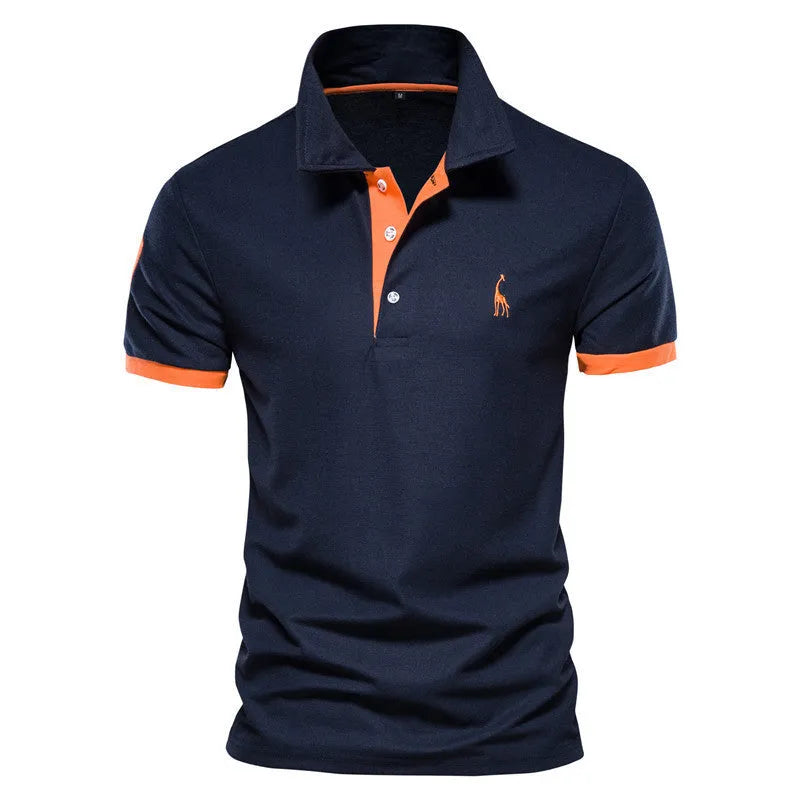 Men's slim fit embroidered short sleeve T-shirt on a hanger, showing front design.