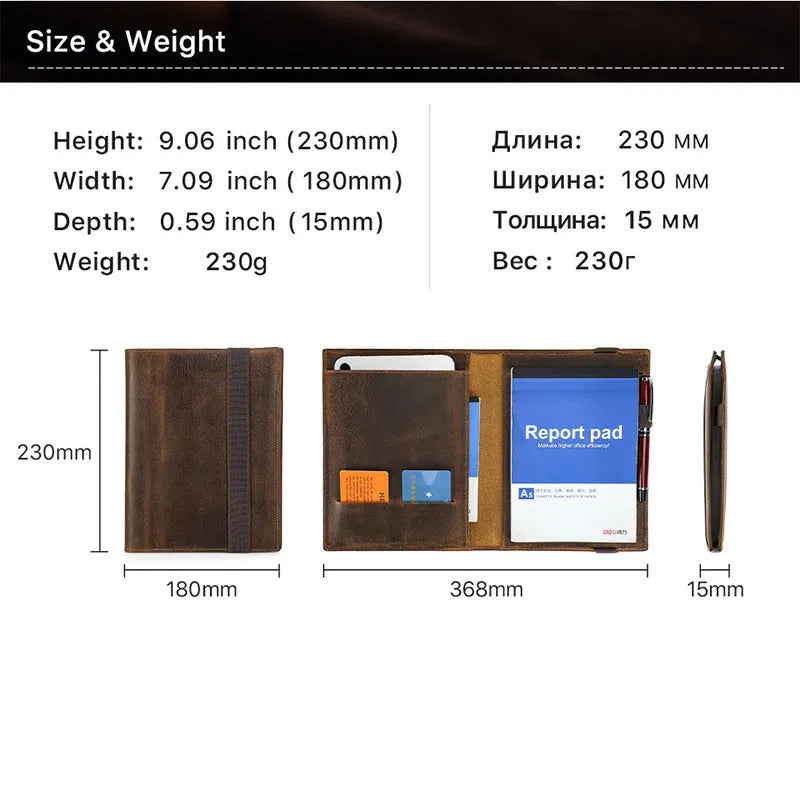 Brown Crazy Horse leather protective sleeve for A5 notebooks with a socket-type closure.