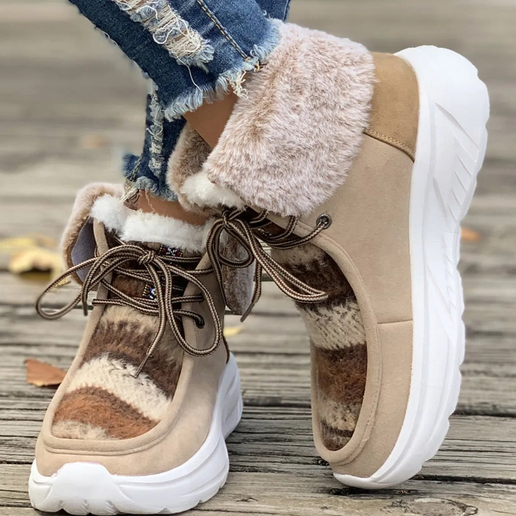 Women's beige lace-up snow boots with fuzzy lining and thick rubber sole