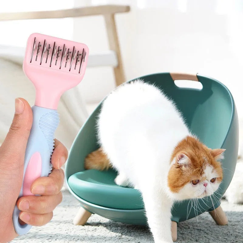 Pink stainless steel pet grooming comb with knot knife and massage function