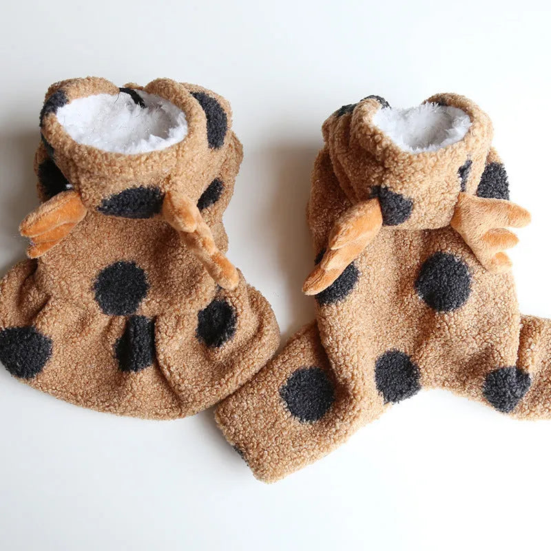 Polka dot elk couple pattern pet clothing for dog or cat, shown in skirt style and four-legged style on mannequin.