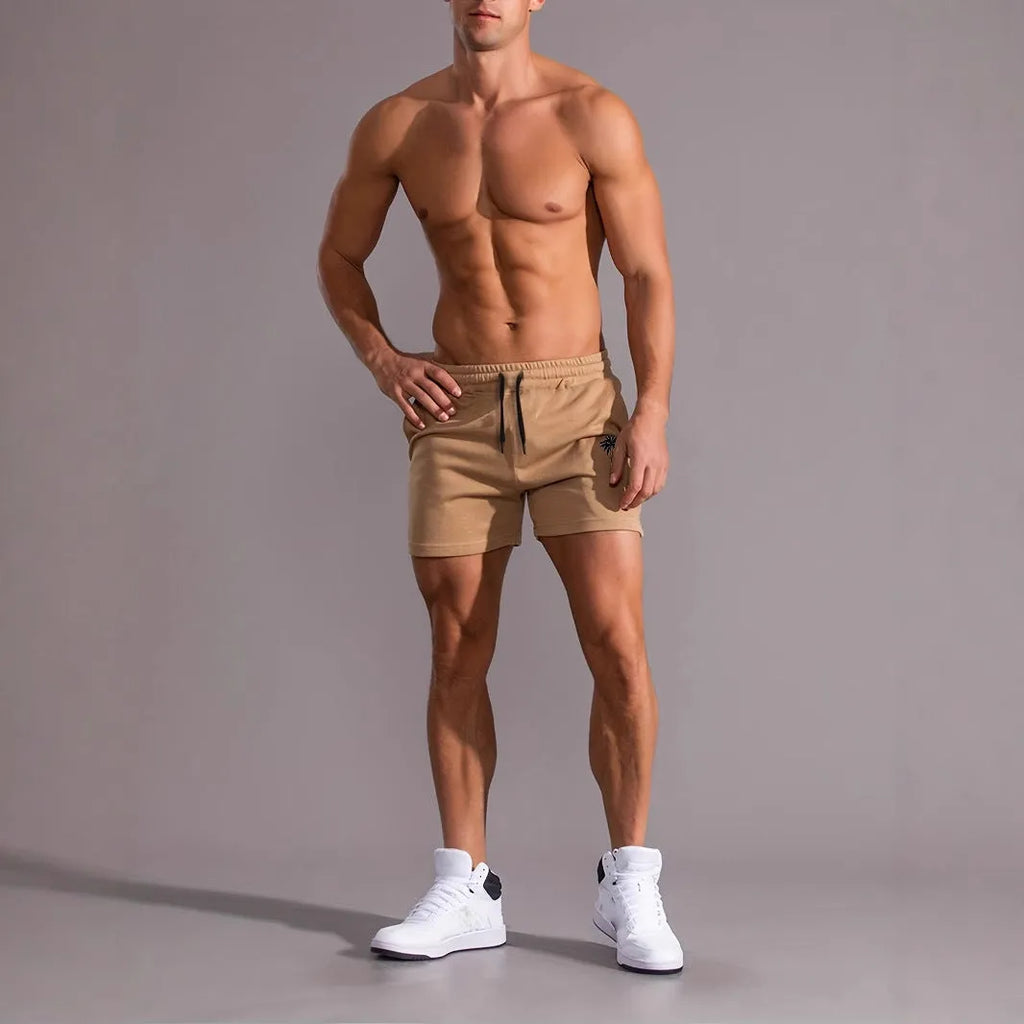 Men's khaki coconut print polyester sports shorts with straight cut and micro elasticity