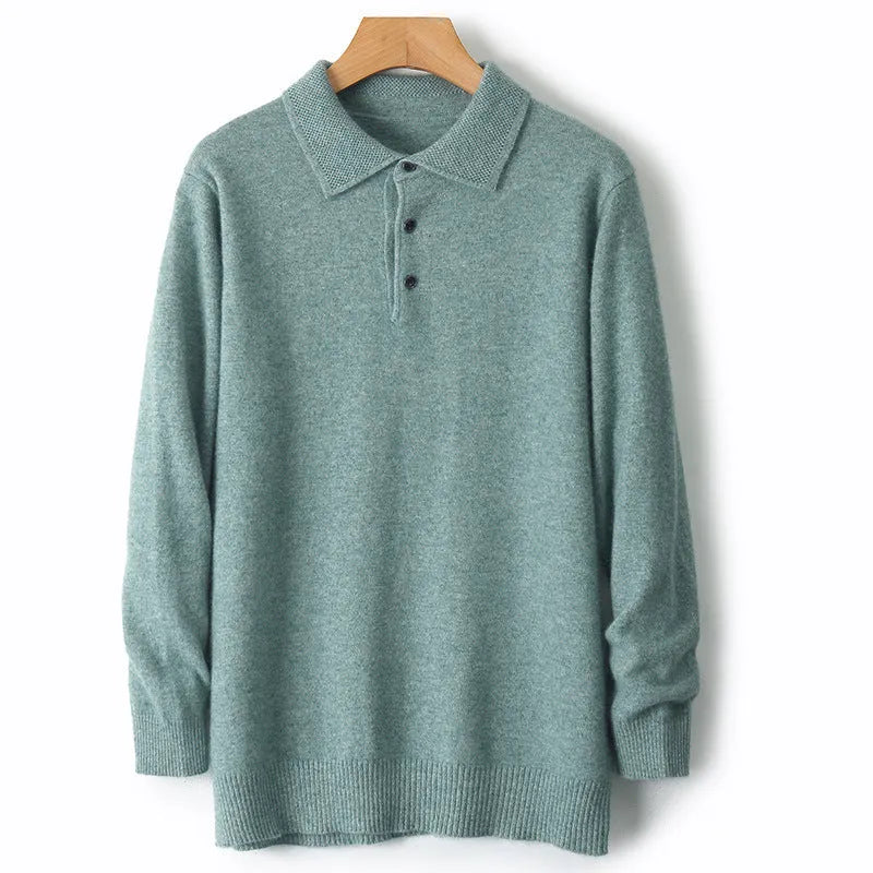 Men's polo collar woolen pullover sweater in noble blue with long sleeves and textured stitching