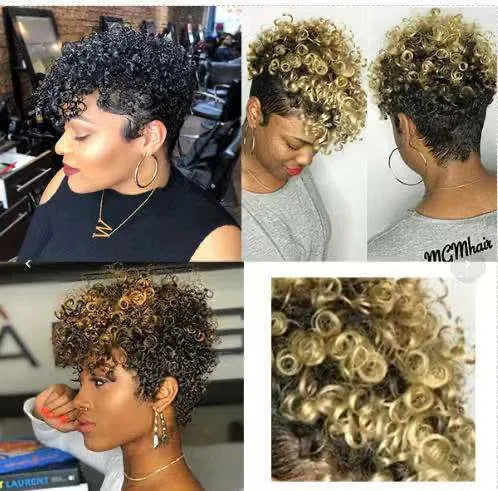 Woman wearing a short synthetic wig with rolled curls in Kanekalon fibre, shown in brown colour.