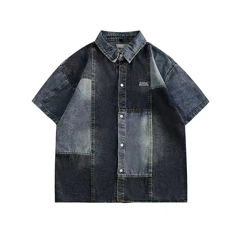 Blue denim shirt with Japanese retro washed stitching detail in loose cardigan fit for men