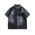 Blue denim shirt with Japanese retro washed stitching detail in loose cardigan fit for men