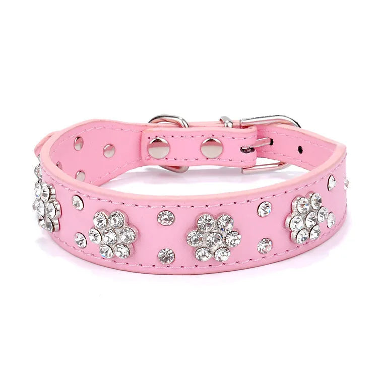PU leather dog collar with rhinestone flower patterns and metal studs in adjustable sizes