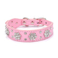 PU leather dog collar with rhinestone flower patterns and metal studs in adjustable sizes