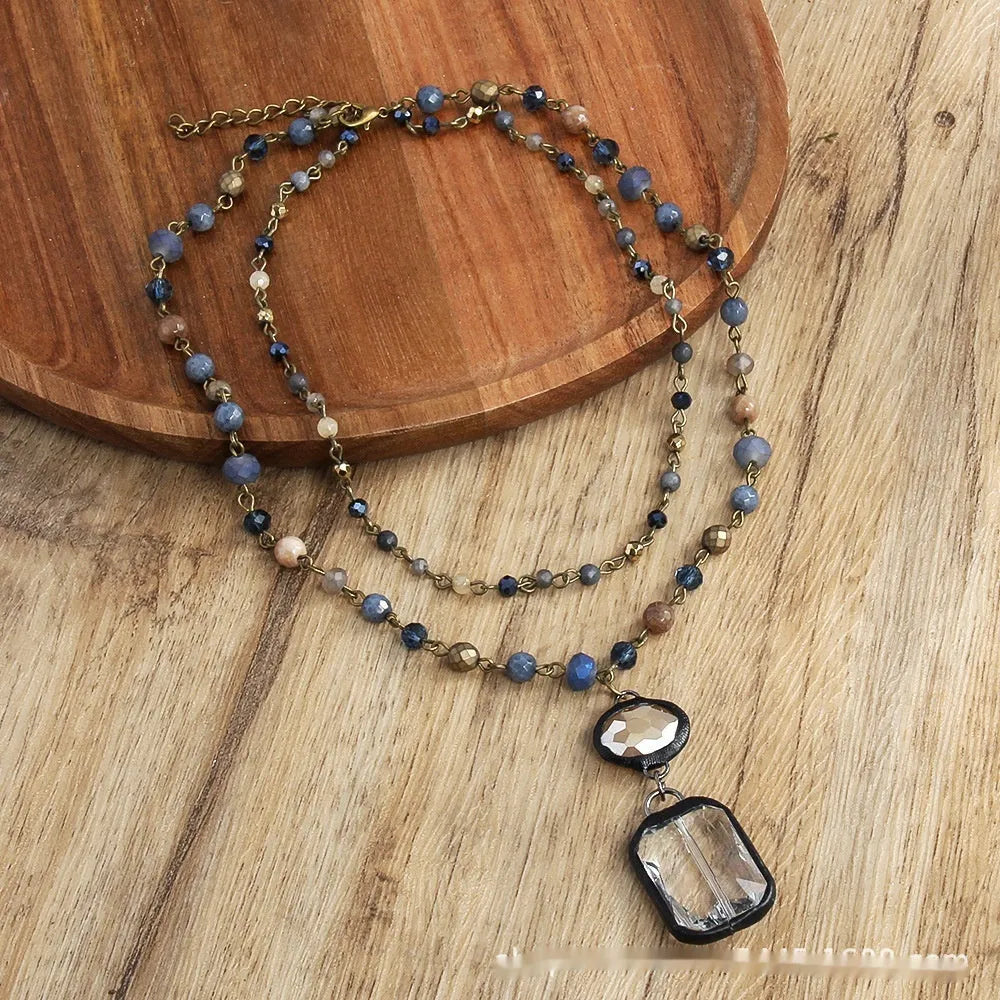 Tribal style two-layer necklace with natural stone and glass beads on alloy chain