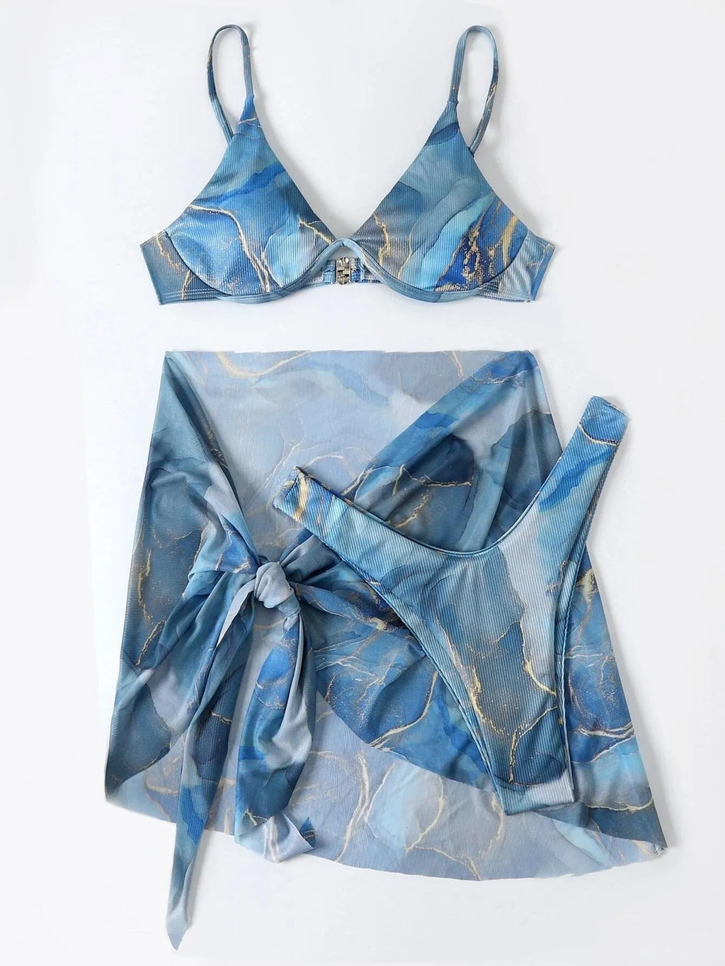 Marble print swimwear 3-piece bikini set showing bra, skirt and panties in multiple colour options