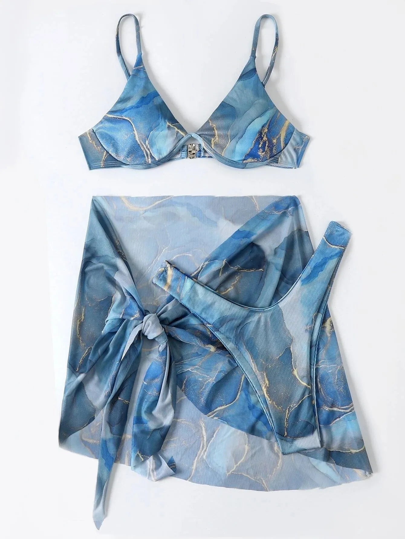 Marble print swimwear 3-piece bikini set showing bra, skirt and panties in multiple colour options